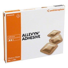 Medicazione idrocellulare adesiva sterile allevyn adhesive altamente assorbente in schiuma di poliuretano a struttura tristratificata 7,5x7,5cm 3 pezz