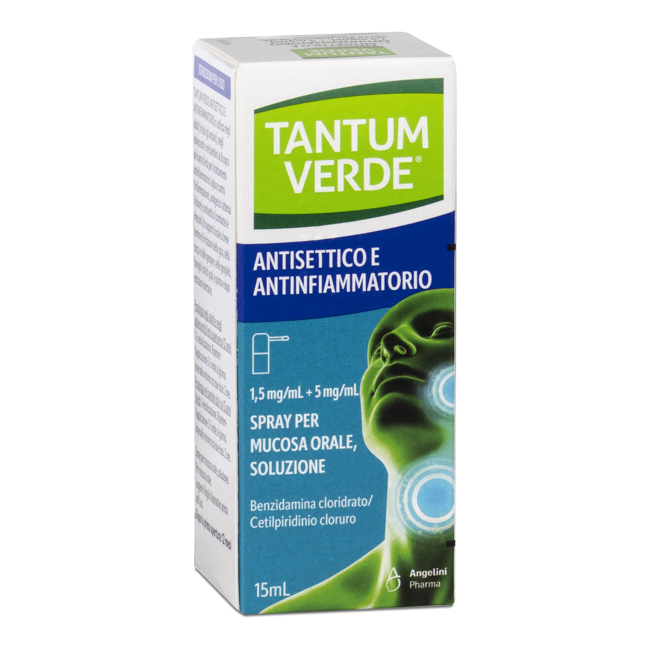 Tantum verde antisettico e antinfiammatorio 1,5 mg/ml + 5 mg/ml spray per mucosa orale, soluzione benzidamina cloridrato/cetilpiridinio cloruro