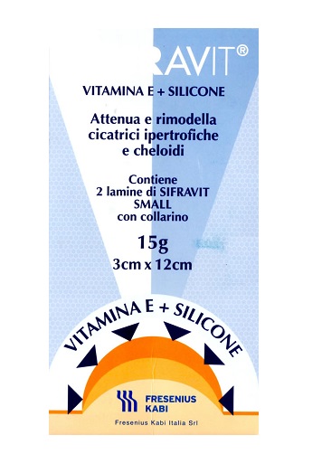 Placca in silicone e vitamina e sifravit dimensioni 3x12cm. indicata nel trattamento di cheloidi e cicatrici ipertrofiche conseguenti ad interventi ch