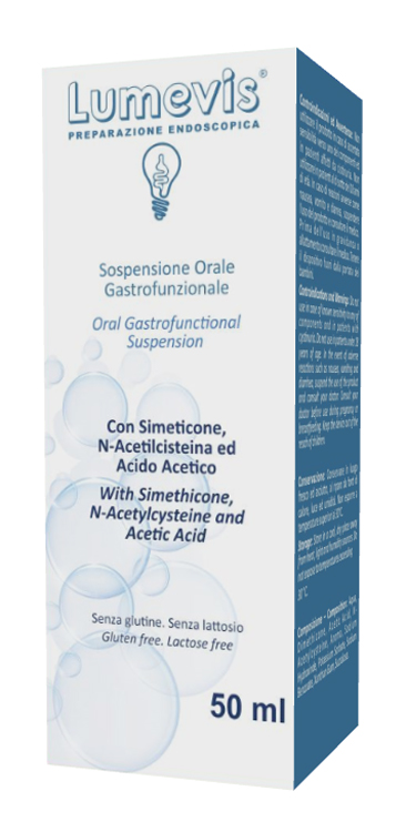 Lumevis sospensione orale monouso a base di simeticone n-acetilcisteina e acido acetico da utilizzare in preparazione di esami clinici ambito gastrosc