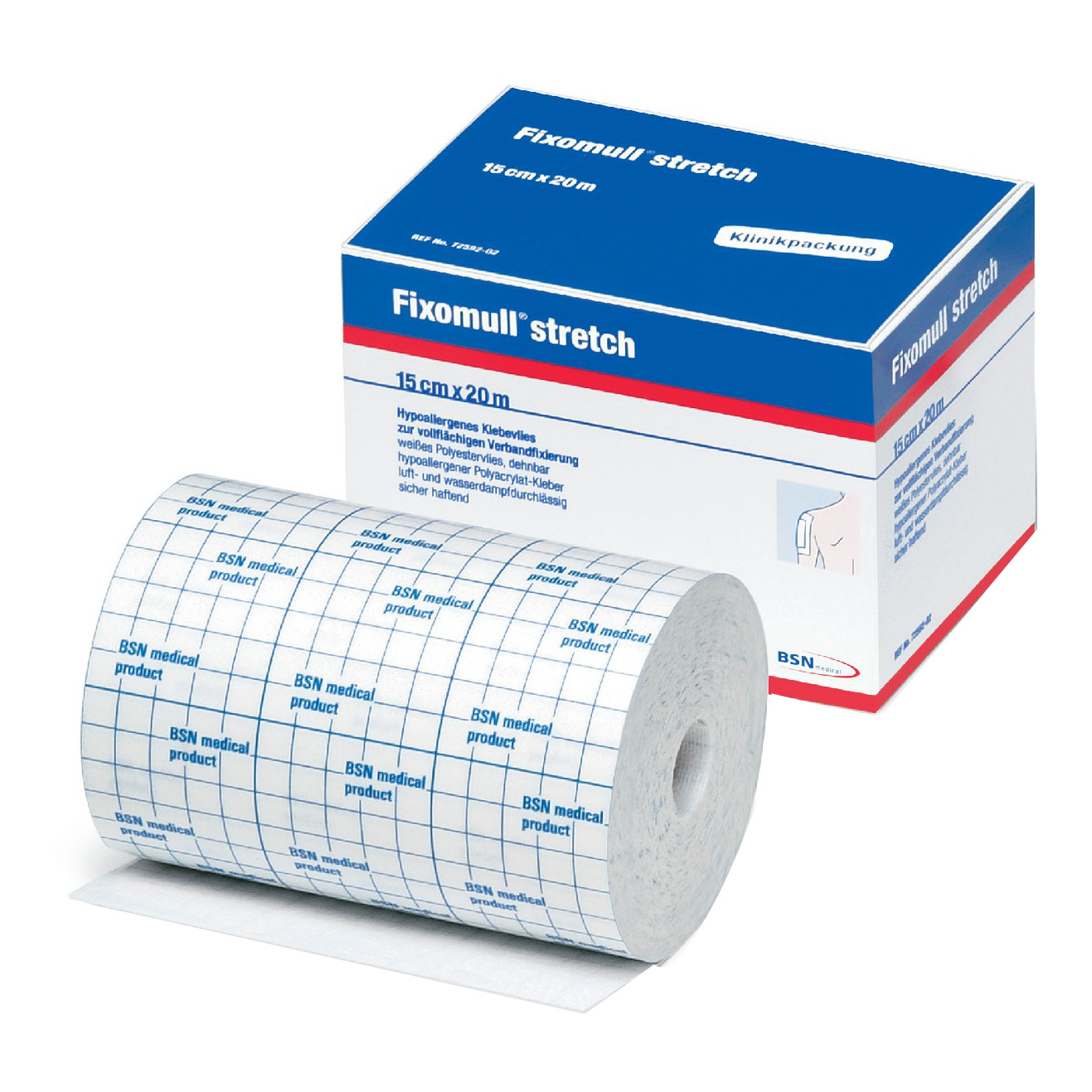 Fascia autoadesiva ipoallergenica fissaggio cateteri fixomull stretch. supporto in poliestere non tessuto bianco, massa in policarbonato senza resine