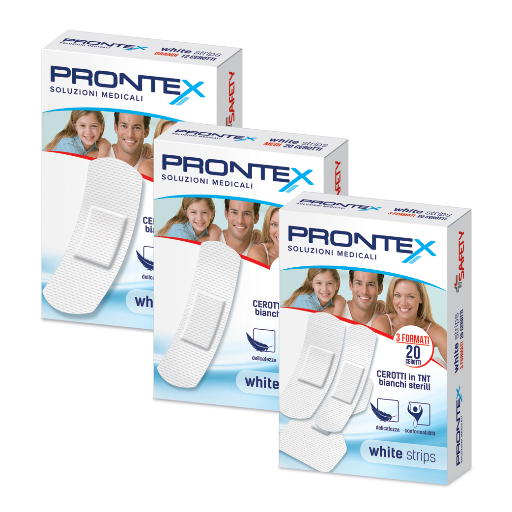 Cerotto prontex white strips in tessuto non tessuto bianco sterile 3 formati 20 pezzi