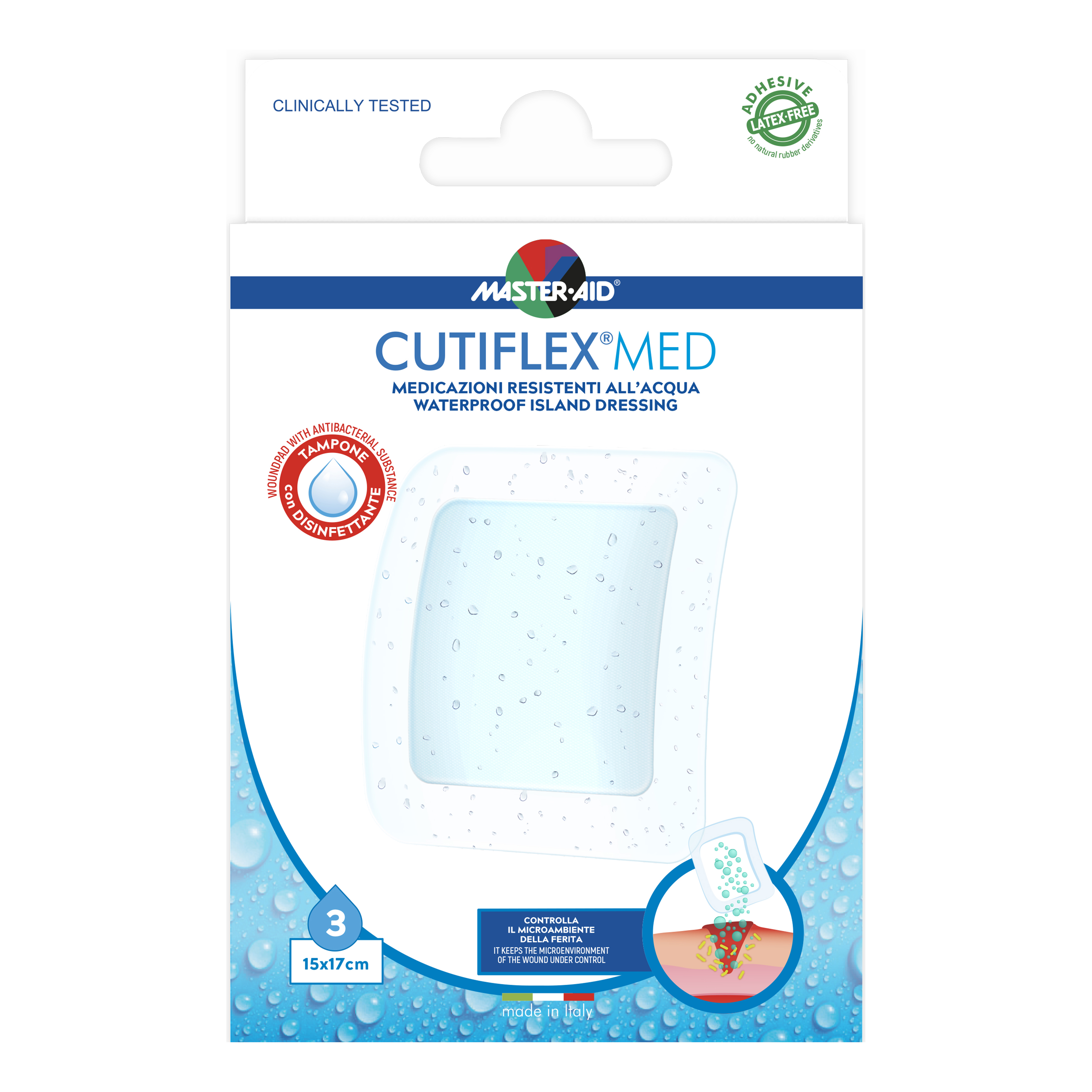 Medicazione adesiva impermeabile trasparente master-aid cutiflex 15x17 3 pezzi