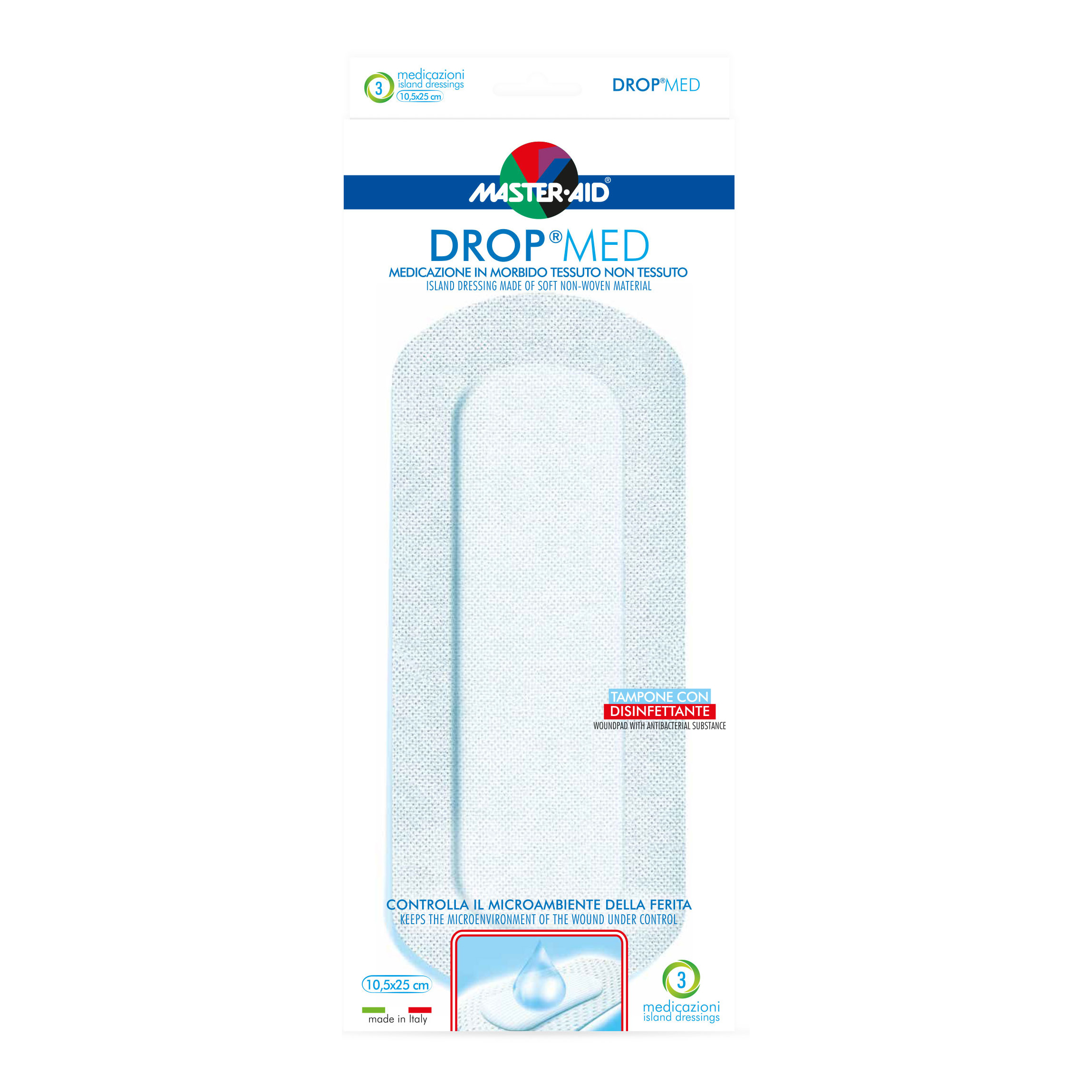 Medicazione compressa autoadesiva dermoattiva ipoallergenica aerata master-aid drop med 10,5x25 3 pezzi