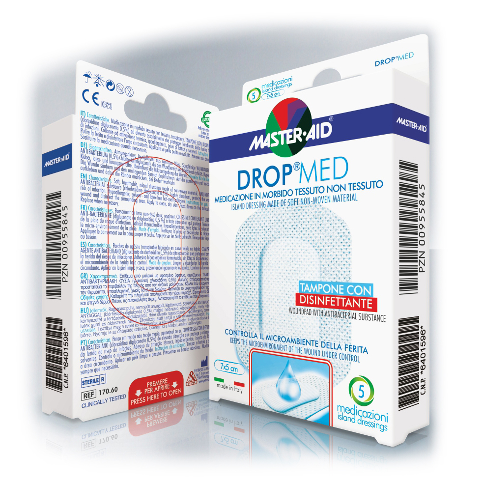 Medicazione compressa autoadesiva dermoattiva ipoallergenica aerata master-aid drop med 10,5x30 3 pezzi