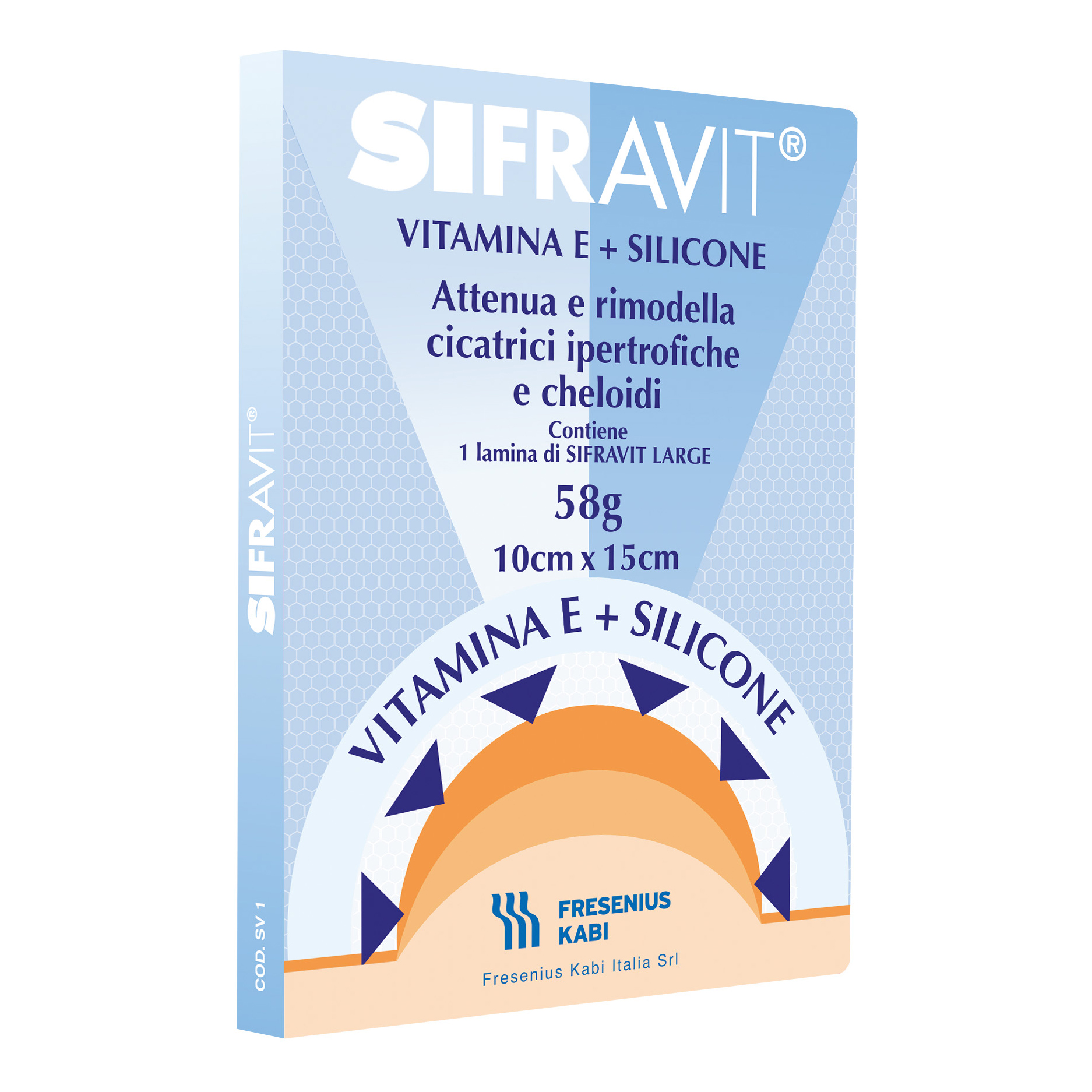 Placca in silicone e vitamina e sifravit dimensioni 15x10cm. indicata nel trattamento di cheloidi e cicatrici ipertrofiche conseguenti ad interventi c