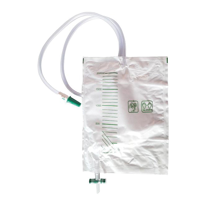 Sacca drenaggio urinario a circuito chiuso capacita' 2000ml con camera di gocciolamento doppio filtro aria fascetta con per fissaggio al letto strigit