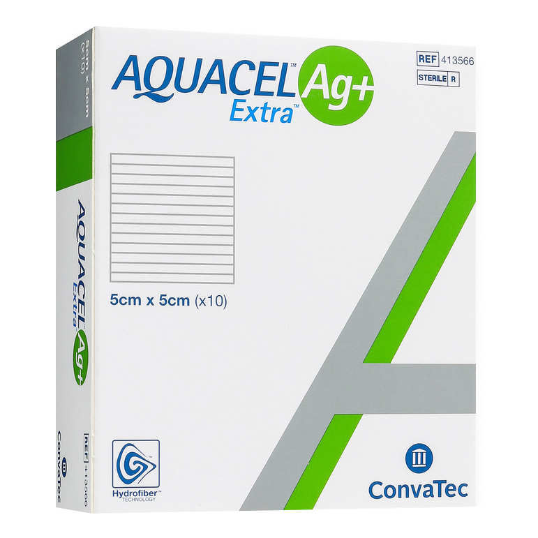 Medicazione in hydrofiber e ioni argento intessuta in lyocell aquacel ag + extra 5x5cm 10 pezzi