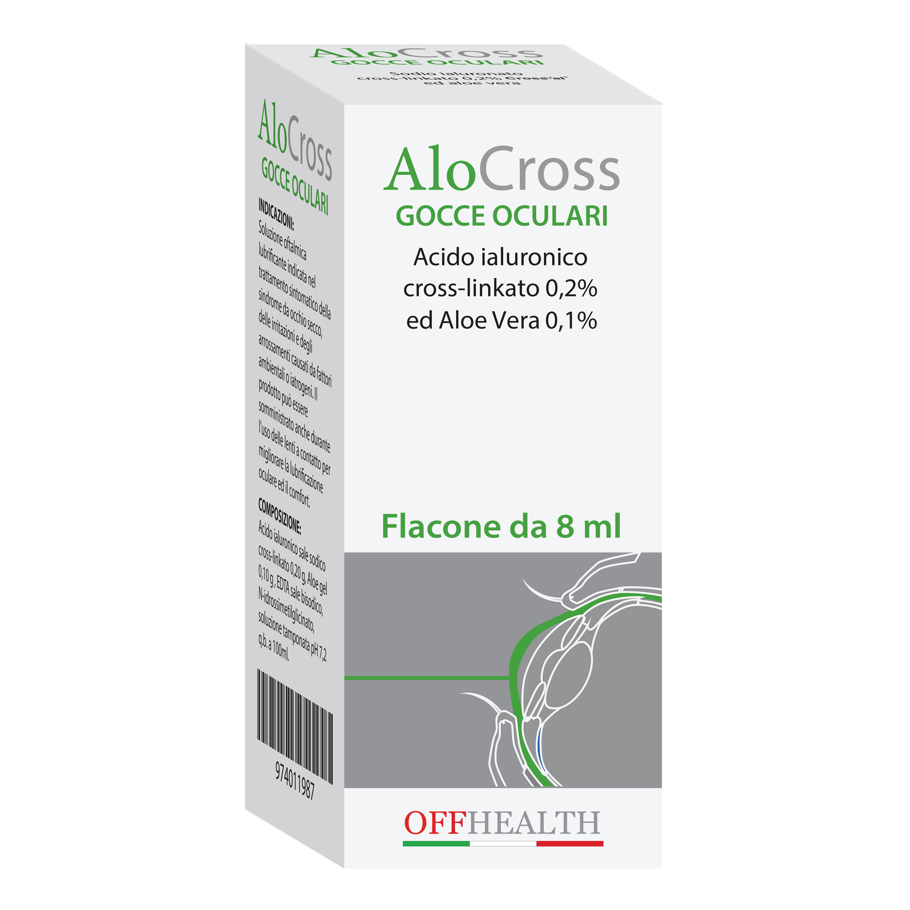 Soluzione oftalmica lubrificante alocross acido ialuronico sale sodico cross linkato 0,20% ed aloe vera 1 flacone 8 ml