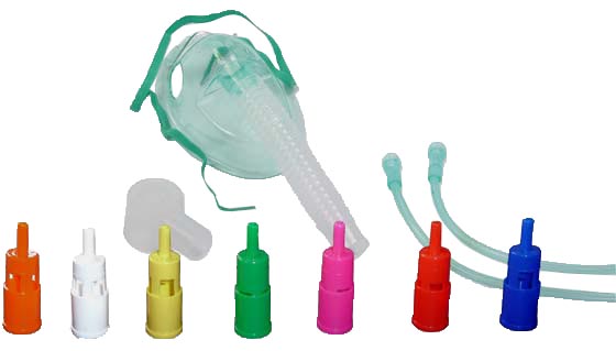 Maschera morbida a concentrazione variabile con sistema venturi completa di kit con 7 raccordi colorati e tubo di collegamento antischiacciamento adul
