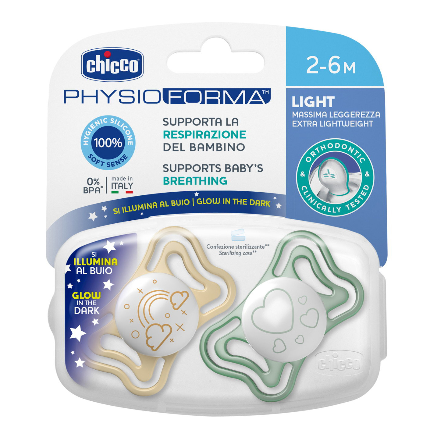 Chicco succhietto light lumi silicone 2-6m 2 pezzi