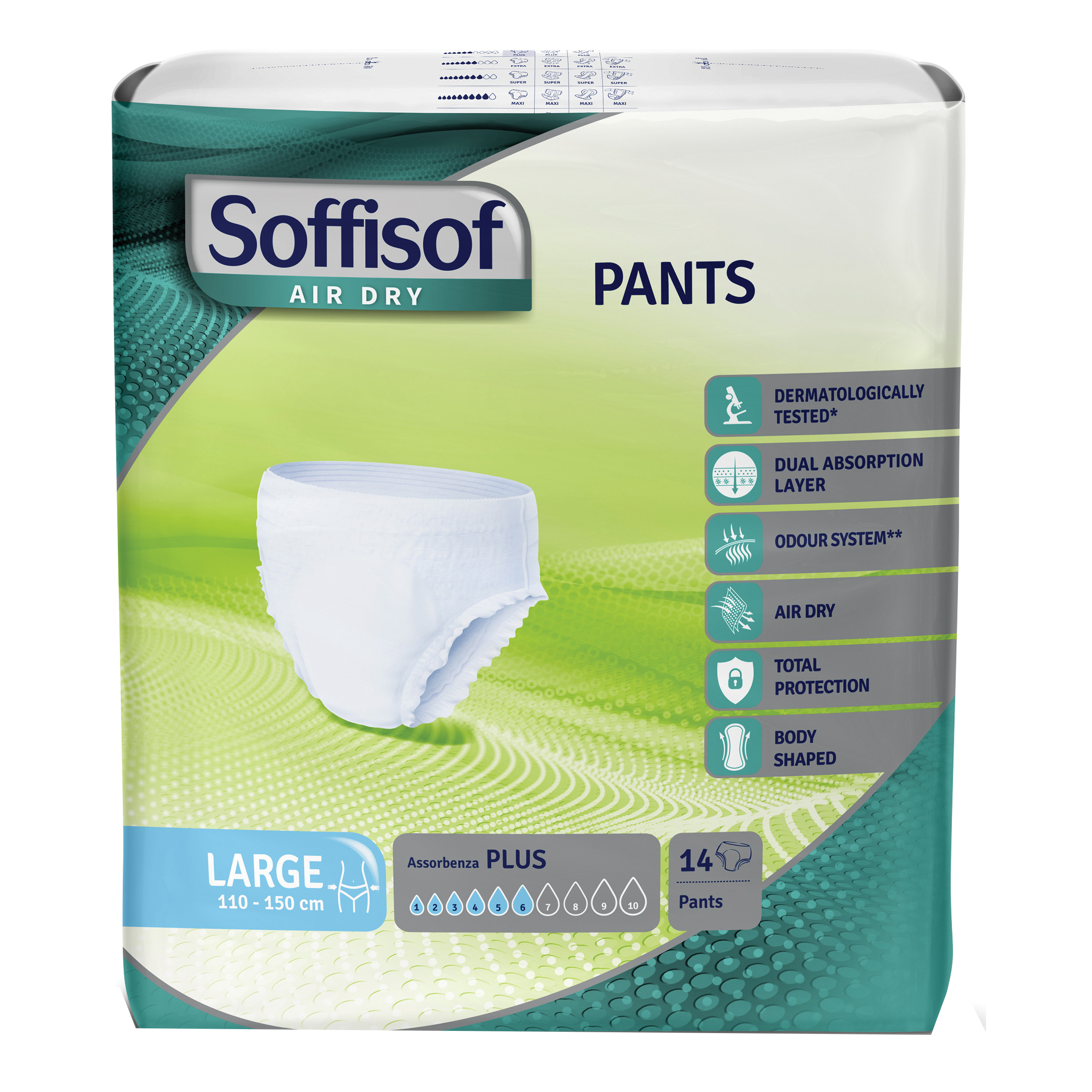 Pannolone per incontinenza soffisof air dry pants plus large 14 pezzi