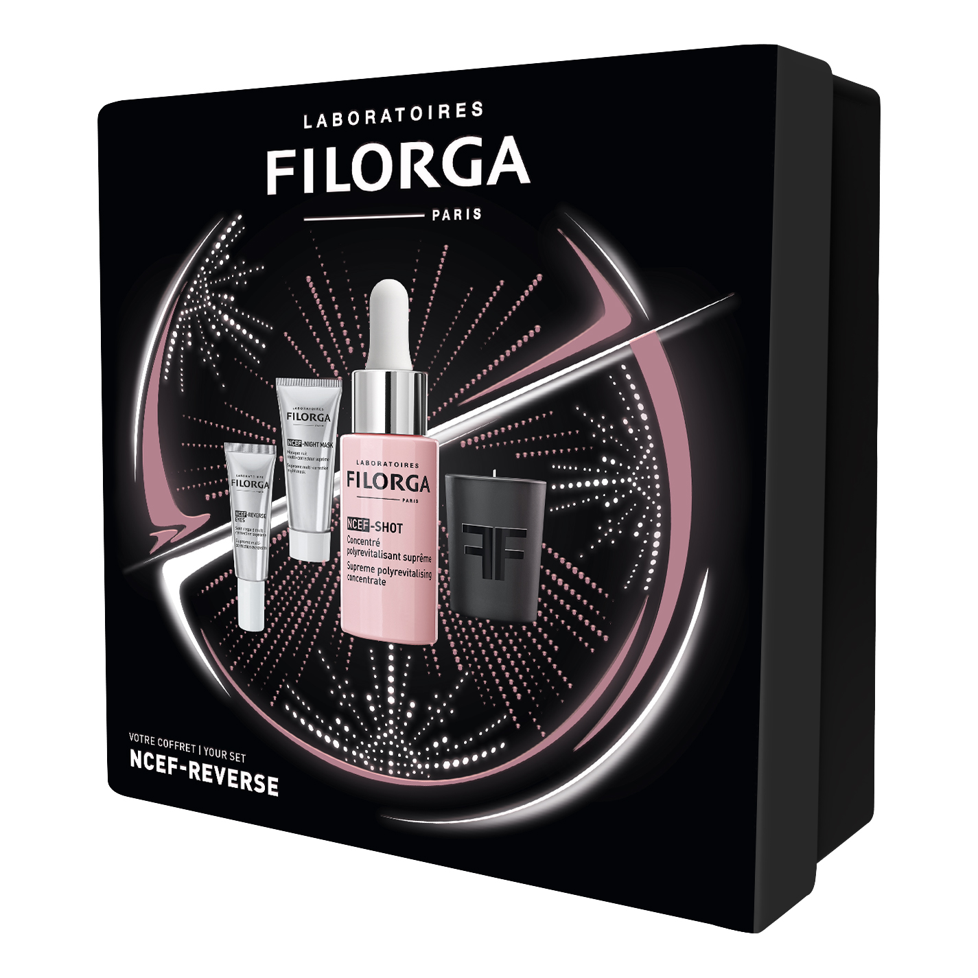 Filorga xmas box ncef 2023 1 ncef shot 15 ml + 1 ncef night mask 15 ml + 1 ncef reverse eyes 4 ml + 1 mini candle
