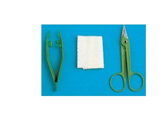 Set per rimozione suture confezionato in blister rigido, contenente forbice, pinza e garza