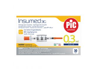 Siringa per insulina pic insumed 0,3 ml 100 ui spazio zero ago 31 gauge 8 mm 3 sacchetti da 10 pezzi
