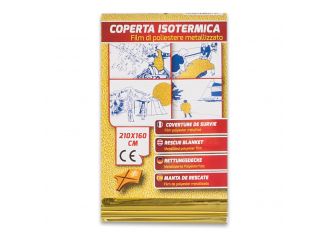 Coperta isotermica in film di poliestere con alluminio lato argento protezione da caldo lato oro protezione da freddo dimensioni 210x160 cm peso 63 g