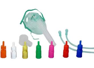 Maschera morbida a concentrazione variabile con sistema venturi completa di kit con 7 raccordi colorati e tubo di collegamento antischiacciamento adulti 1 pezzo