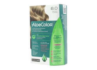 Aloecolor 8,0 biondo chiaro tinta permanente capelli colore ad alta pigmentazione 50 ml + rivelatore aloeossigenata 75 ml + shampoo aloecare 15 ml + guanti